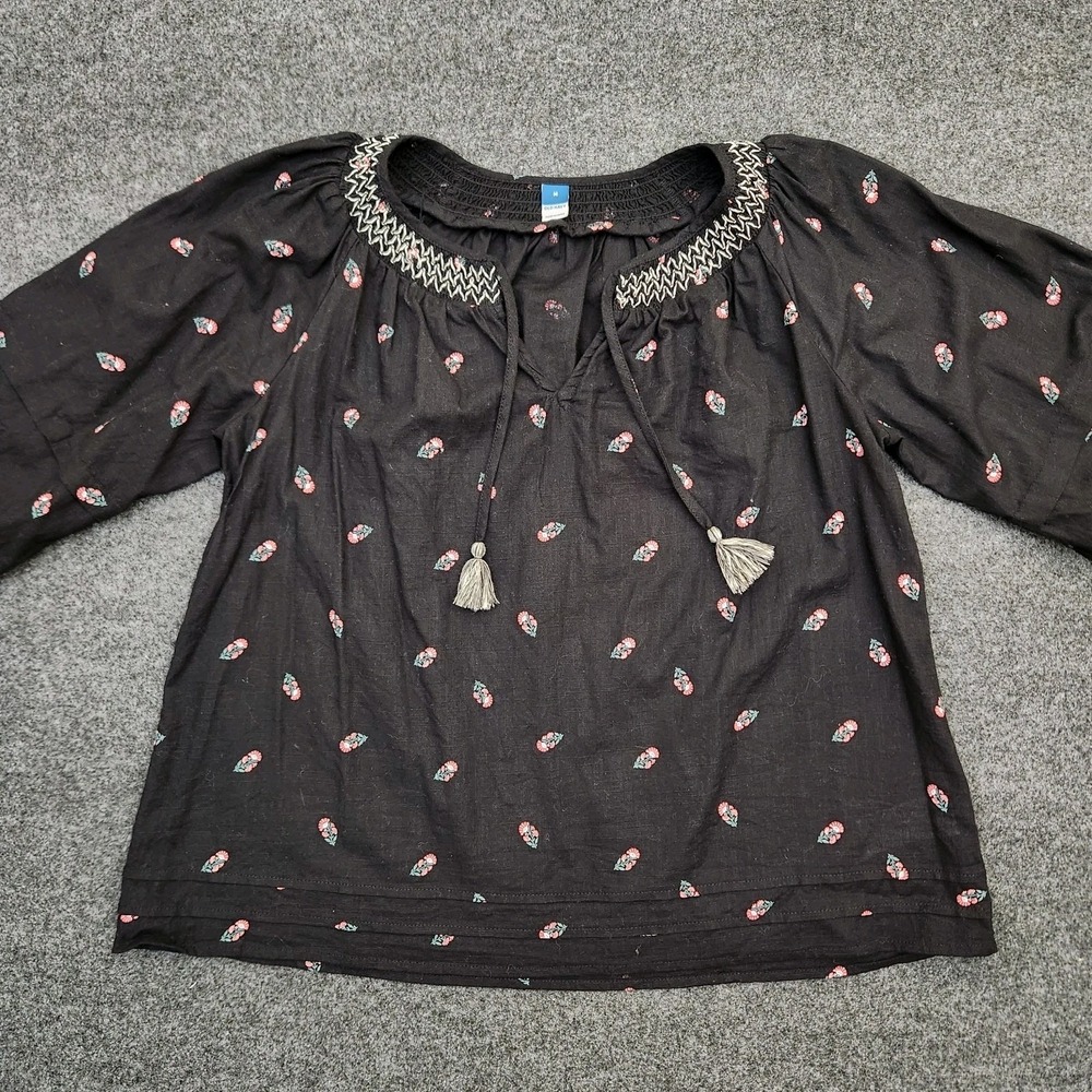 Old Navy Womens Medium Black‎ Embroidered Boho Peasant Relaxed Flowy Tunic Top